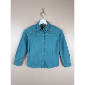 Wrangler Embroidered Pearl Snap Western Shirt Girl’s Size M Teal Long Sleeve